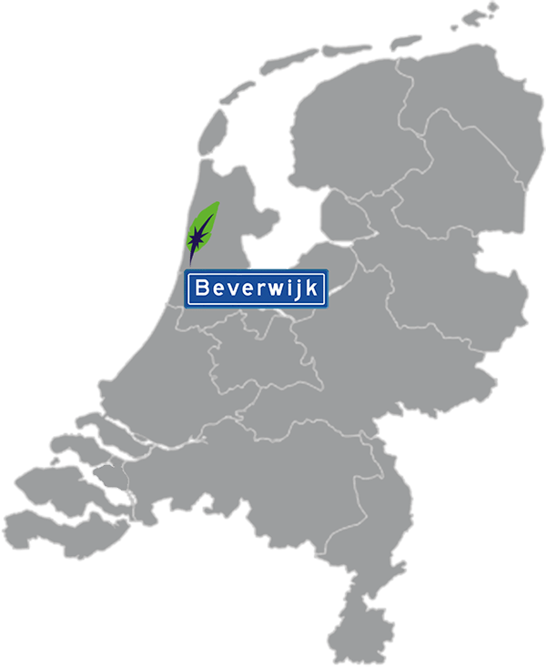 Grijze kaart van Nederland met Beverwijk aangegeven voor maatwerk taalcursus Engels zakelijk - blauw plaatsnaambord met witte letters en Dagnall veer - transparante achtergrond - 600 * 733 pixels